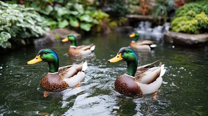Obraz premium A serene pond scene featuring ducks swimming amidst lush greenery.