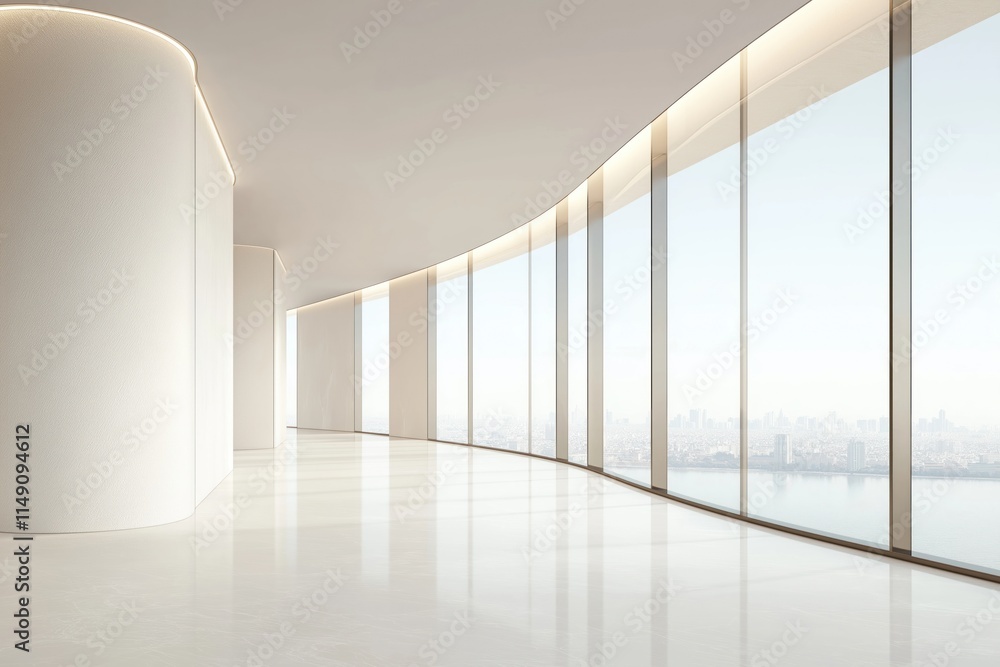 Poster empty modern corridor with large windows offers city views. light design architecture features curve