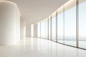 Empty modern corridor with large windows offers city views. Light design architecture features curves in walls, floor. Spacious hall with minimalist design. Modern interior design. Empty building