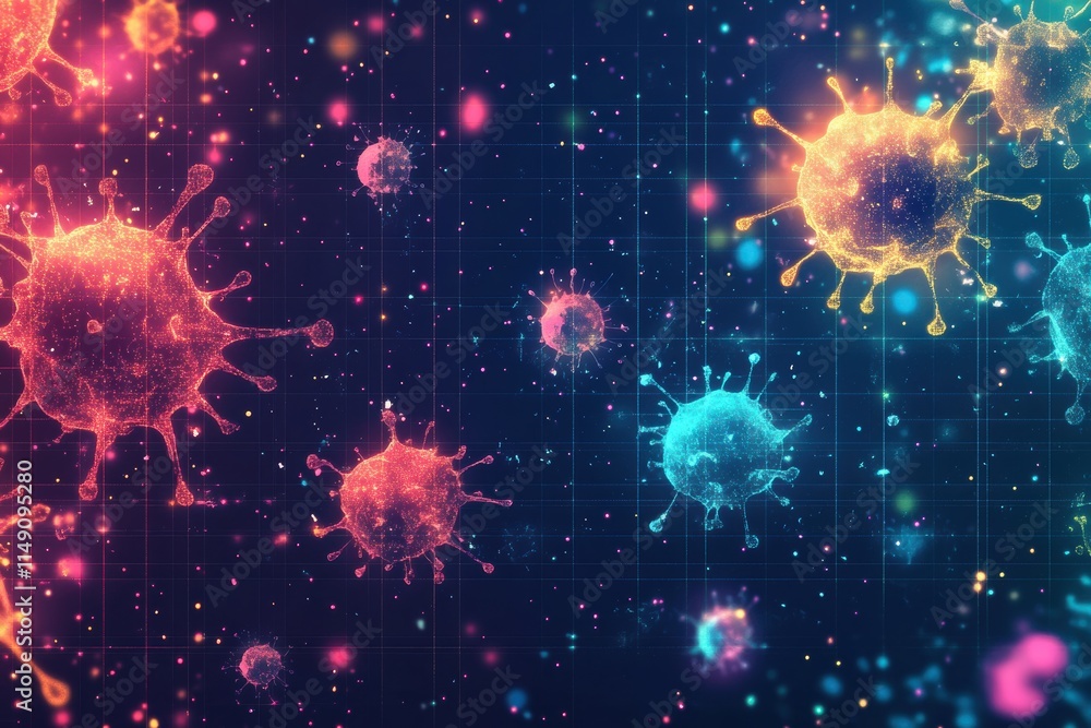 Poster vibrant hand-drawn sketch of virus particles with sharp lighting over a glowing grid pattern backgro
