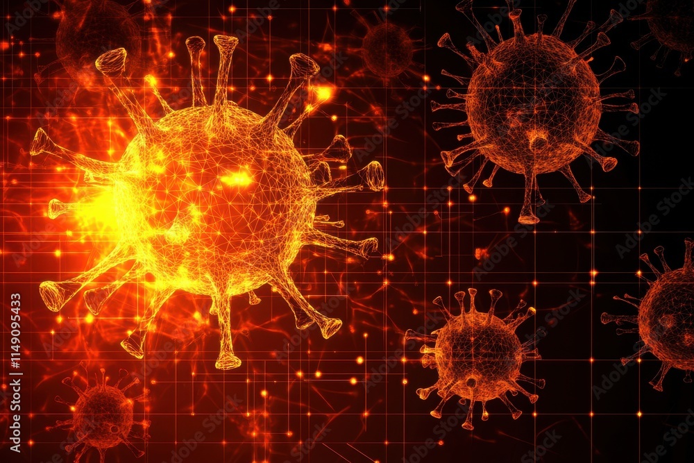 Poster hand-drawn sketch of virus particles in vibrant colors with sharp lighting and glowing grid pattern 
