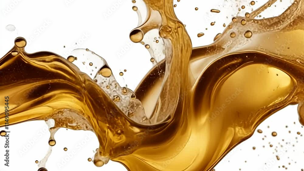 Poster fluid dynamics of golden liquid creating vibrant splashes and bubbles against a stark white backgrou