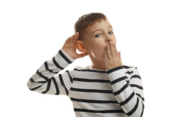 Little boy showing hand to ear gesture on white background