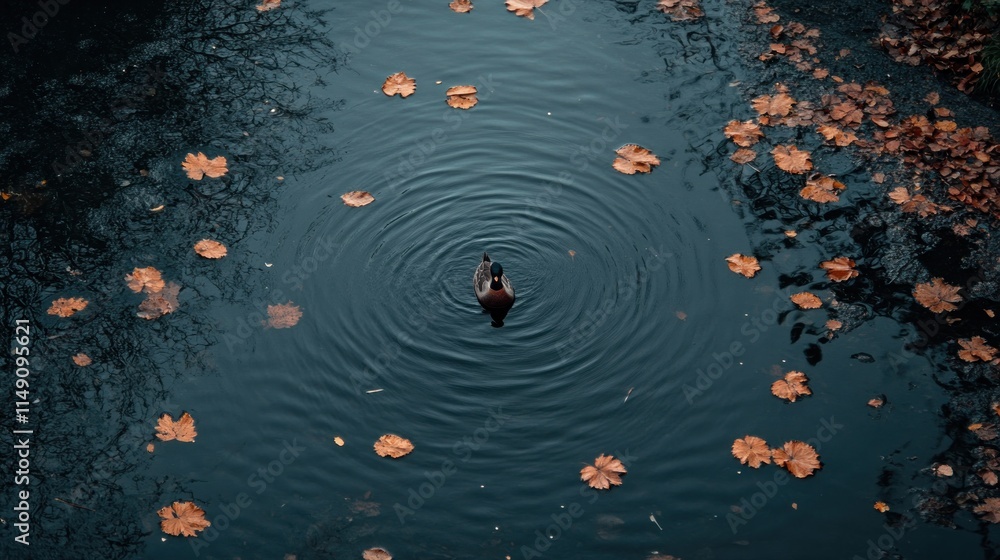 Poster a tranquil scene of a duck in a pond surrounded by autumn leaves creating ripples.