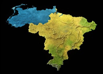 Naklejka premium Drone Venezuela Map, Aerial View, Isolated Black Background, South America, Geographic Location, Country Map, Simple Map