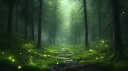 Obraz premium Enchanting Forest Path Lit By Firefly Lights
