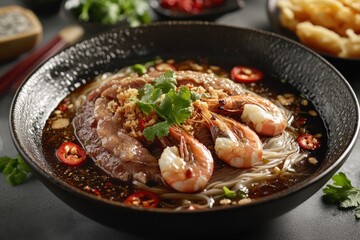 A Bowl of Dark Soy Sauce Noodle Dish with Fried Pork, Prawns, and Garnish in Vibrant Lighting Against a Classic Kopitiam Background