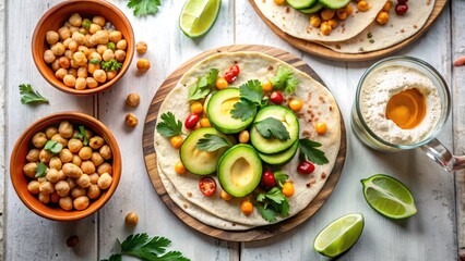 Drone View: Avocado Chickpea Tortillas & Beer - Kitchen Food Photography