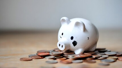 The dead piggy bank lies upside down on coins, Economic crisis, Decrease, layoff, job fired, pay cuts, low cost, collection