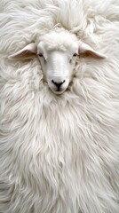 A close-up of a sheep's face surrounded by its fluffy white wool.