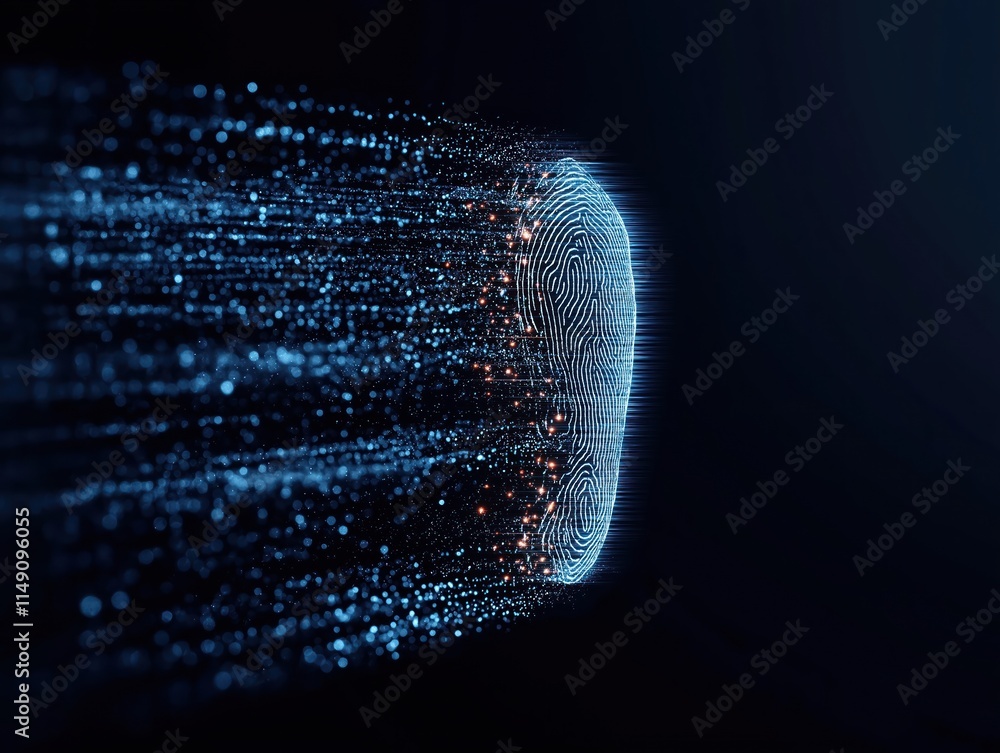 Poster digital fingerprint illustration shows tech biometric authentication. data protection, network secur