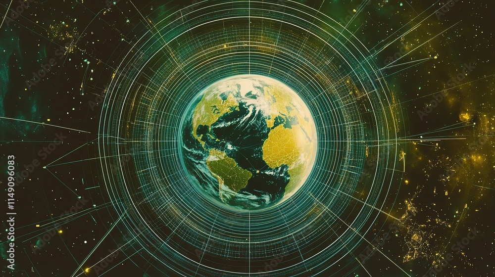Poster global connection lines surrounding earth globe in cosmic setting