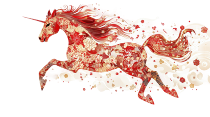 Colorful unicorn galloping through floral patterns in a whimsical, artistic representation during daytime