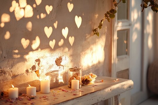A serene table scene featuring candles casting heart-shaped shadows against a textured wall for a romantic vibe.