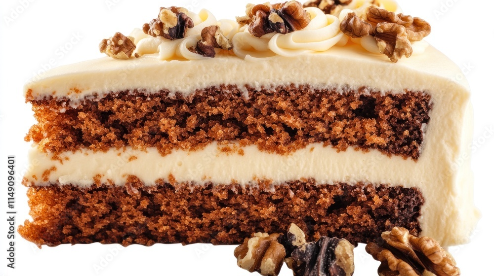 Poster A slice of cake with cream frosting and walnuts on top, showcasing its layers and texture.