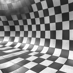 Obraz premium Black and White Checkered Pattern with Distorted Perspective View