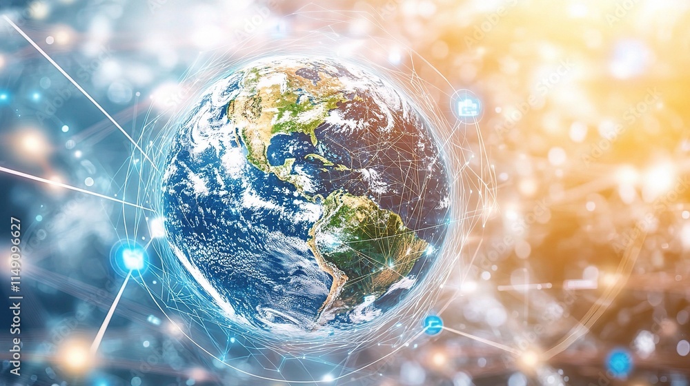 Poster global connection lines surrounding the earth in digital style