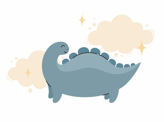 Cute blue dinosaur. Flat vector illustration.