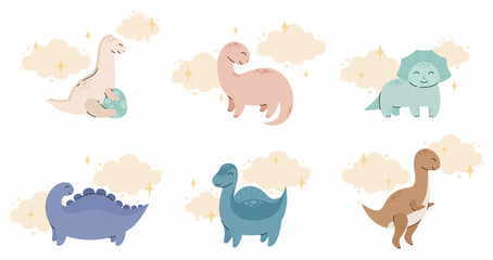Fototapeta premium Set of cute cartoon dinosaurs. Flat vector illustration.