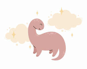 Cute cartoon pink dinosaur. Flat vector illustration.