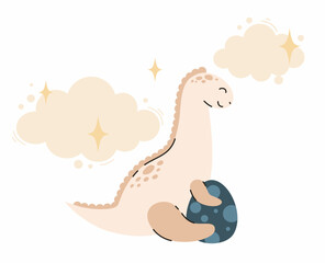 Cute dinosaur with egg. Flat vector illustration.