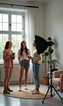 Lifestyle footage of influencers filming content with a smartphone in a bright and minimalist home studio, showcasing creativity and modern technology