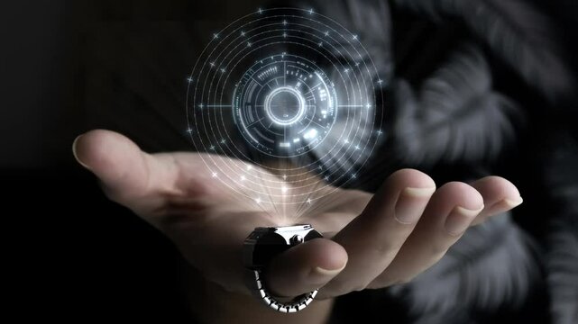 A futuristic ring that emits light and floating particles, projecting dynamic holographic images controlled by advanced AI technology, ideal for showcasing technology and business innovations.