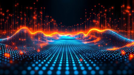 A digital grid of interconnected points with light beams streaming through, representing network communication and data exchange in a futuristic style.