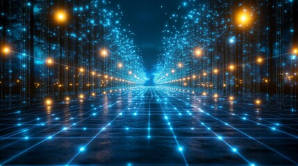 A digital grid of interconnected points with light beams streaming through, representing network communication and data exchange in a futuristic style.