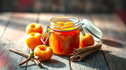 homemade apricot jam on wooden table