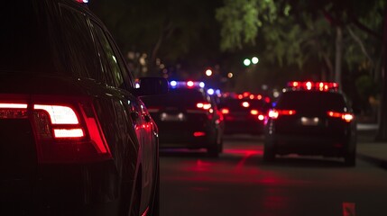 Police lights flashing against the dark night sky, symbolizing vigilance and protection in the face of uncertainty. The essence of law enforcement's unwavering commitment to safety and order.