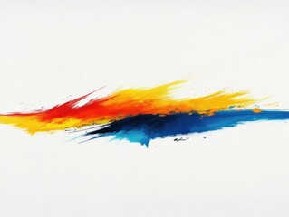 Vibrant brushstrokes of red, orange, yellow, and blue paint on a white background.