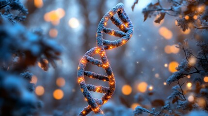 A glowing DNA helix twisting in 3D, with luminous molecular structures and subtle light effects, evoking the beauty of biological science.