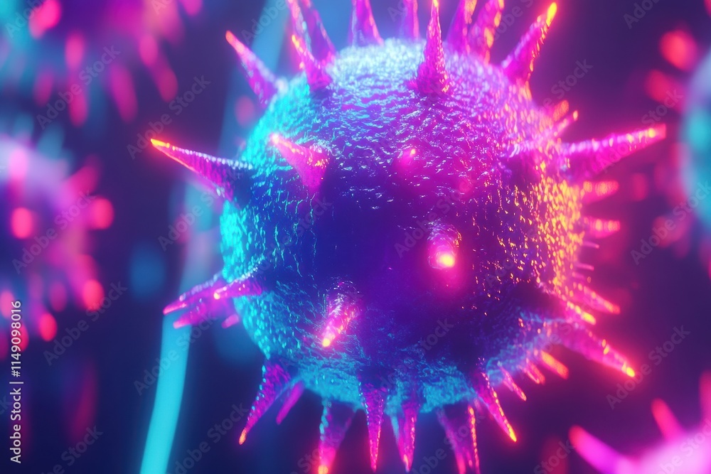 Aufkleber abstract digital artwork of a spherical virus with glowing neon spikes and soft luminous edges in a 