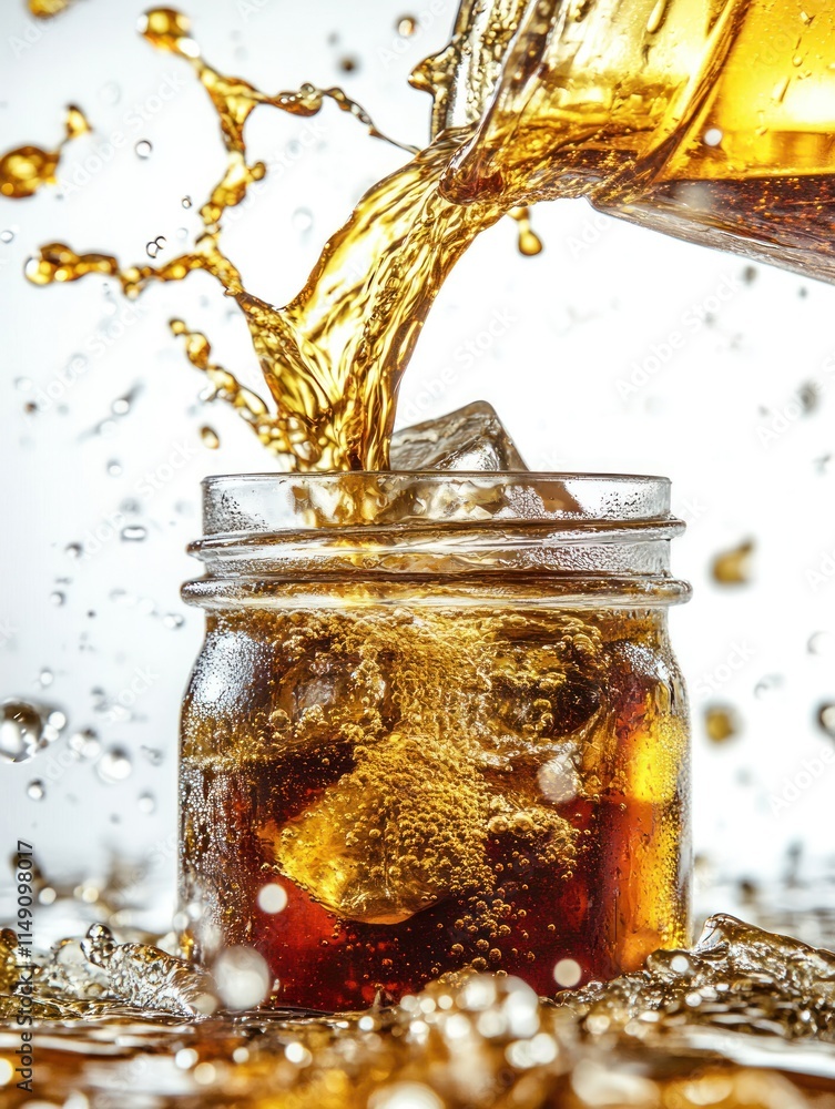 Poster a refreshing drink is poured over ice, creating splashes and bubbles in a jar.