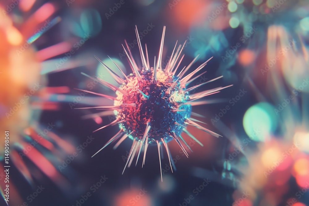 Poster digital artwork of a spherical virus with neon glowing spikes in an abstract background, featuring s