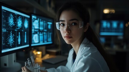 A researcher carefully analyzing liquid samples with precise lab tools, while a computer screen displays molecular analysis data in a clean, professional lab.