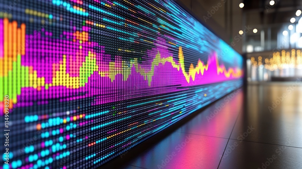 Poster vibrant led display showing dynamic stock market data.