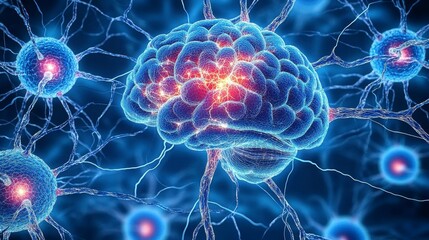 A complex neural web abstract, featuring glowing neuron pathways and electric bursts symbolizing the transfer of information in the brain.