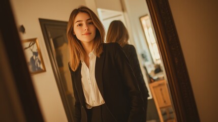 Young woman in blazer looking at mirror.