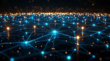 A dynamic neuron system illustration with glowing blue pathways, interconnected neural networks, and radiant synaptic activity in a digital style.