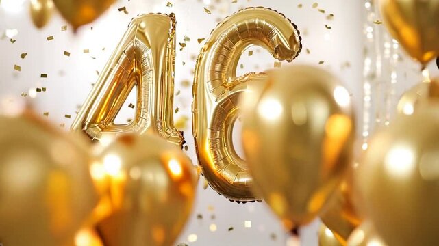 Gold balloons in the shape of the number 46, surrounded by more gold balloons and confetti. White background. Decorations to celebrate birthdays or anniversaries