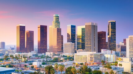 Naklejka premium Business district buildings exterior showcasing modern architecture and urban landscape, symbolizing progress and innovation in city development.