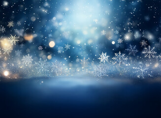 Naklejka premium A magical winter scene with falling snowflakes and shimmering lights creates a dreamy, festive atmosphere. Perfect for holiday backgrounds.