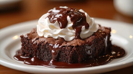 Delicious chocolate brownie sundae. Hot fudge and whipped cream are on top of the brownie. Dessert is served on a white plate. Food is perfect for treat.