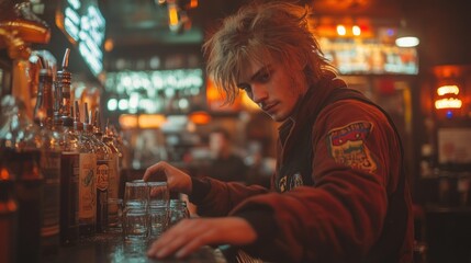 A young man with wild hair prepares glasses at a dimly lit bar, creating a moody atmosphere.