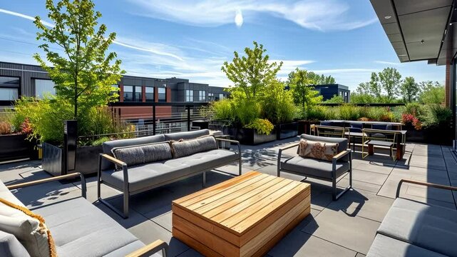 Comfortable sofas and wooden coffee table creating welcoming rooftop terrace workspace surrounded by lush greenery with urban cityscape backdrop