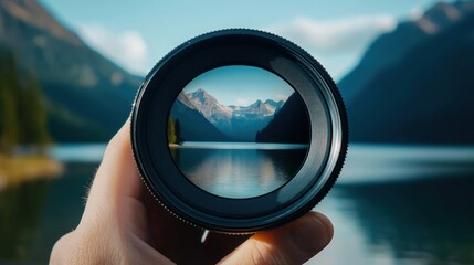 Hand holds camera lens. Lens focuses on distant lake, mountains. Image suggests future perspective, searching for success. Discoveries await. Exploration ongoing. Vision clear. Photo captures moment