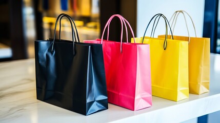 Shopping bags neatly arranged on a sleek counter, symbolizing the balance between consumerism and organization in modern retail environments.