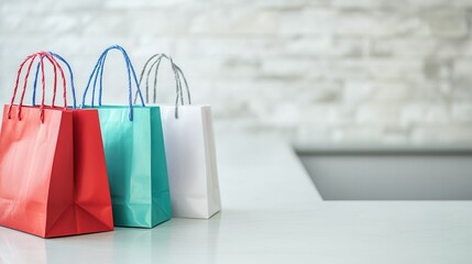 Shopping bags neatly arranged on a sleek counter, symbolizing the balance between consumerism and organization in modern retail environments.